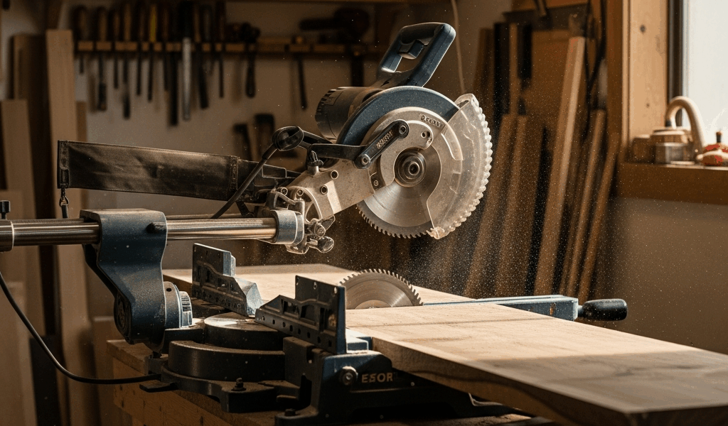 sliding compound miter saw cutting a wide board in a woodwor 20260331 101212