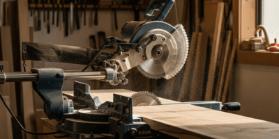 sliding compound miter saw cutting a wide board in a woodwor 20260331 101212