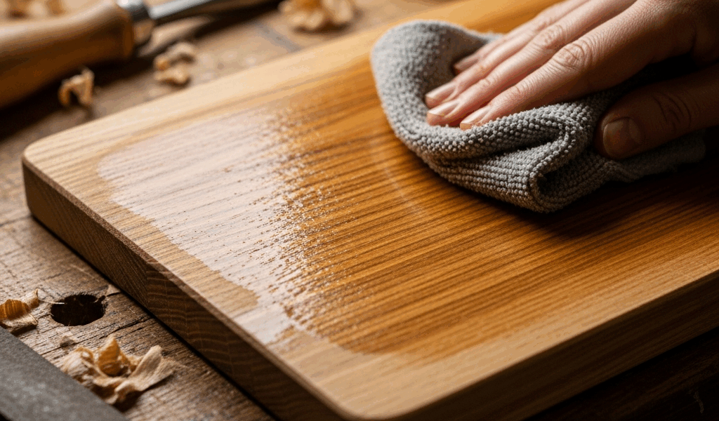 tung oil being applied to a wooden cutting board with a clot 20260331 101221