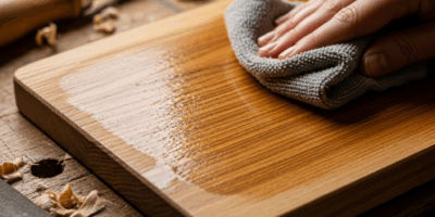 tung oil being applied to a wooden cutting board with a clot 20260331 101221