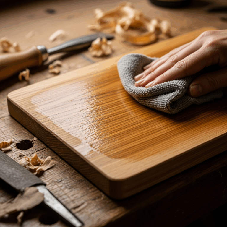 tung oil being applied to a wooden cutting board with a clot 20260331 101221